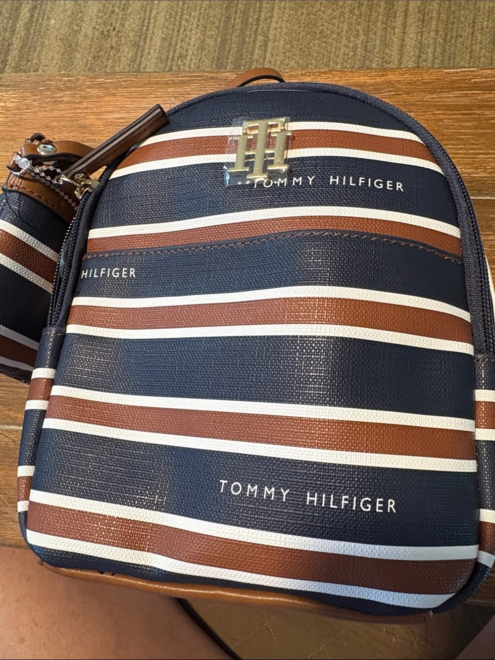 Tommy Hilfiger Navy, Brown & White Striped Crossbody Bag